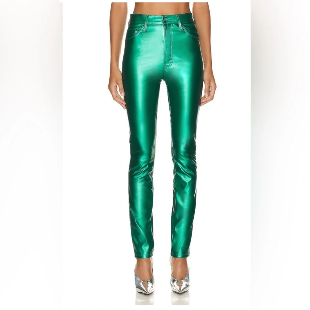 NWT MOTHER Rails Skimp High-waisted Shiny Green Faux Leather Pants - sz 30 -$228 - Picture 5 of 8